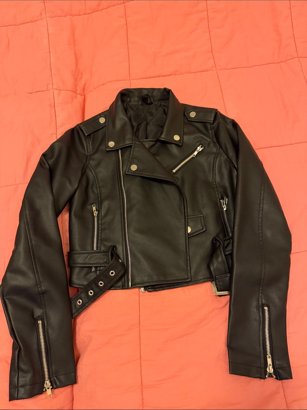 Windsor Black Faux Leather Belted Moto Jacket with Silver Hardware